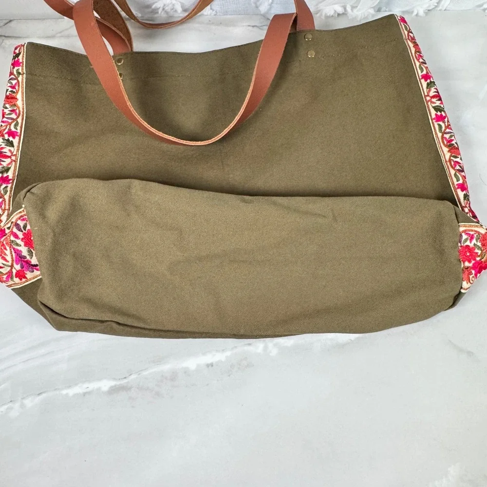 Trades of Hope Secret‎ Garden Olive Floral Embroidered Tote Bag Canvas Leather